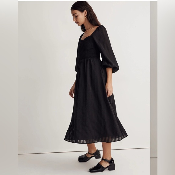 Madewell Lucie Dress Black NWT Sweetheart Smocked Bodice Satin Midi Dress Size S - Picture 2 of 14